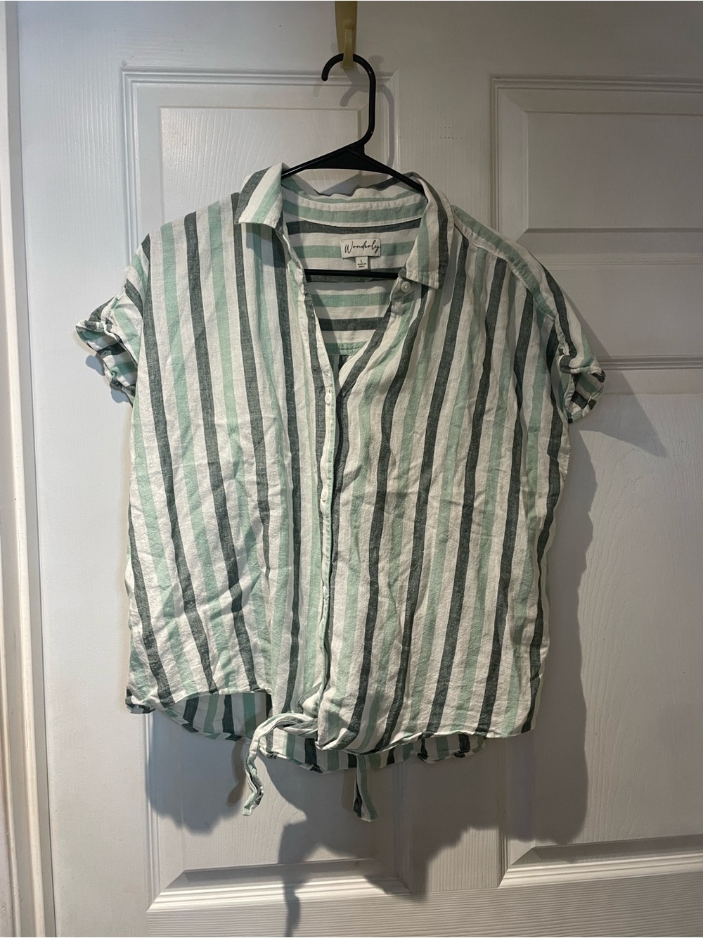 Wonderly Green & White Striped Tie-Hem Button Front Top Linen Large